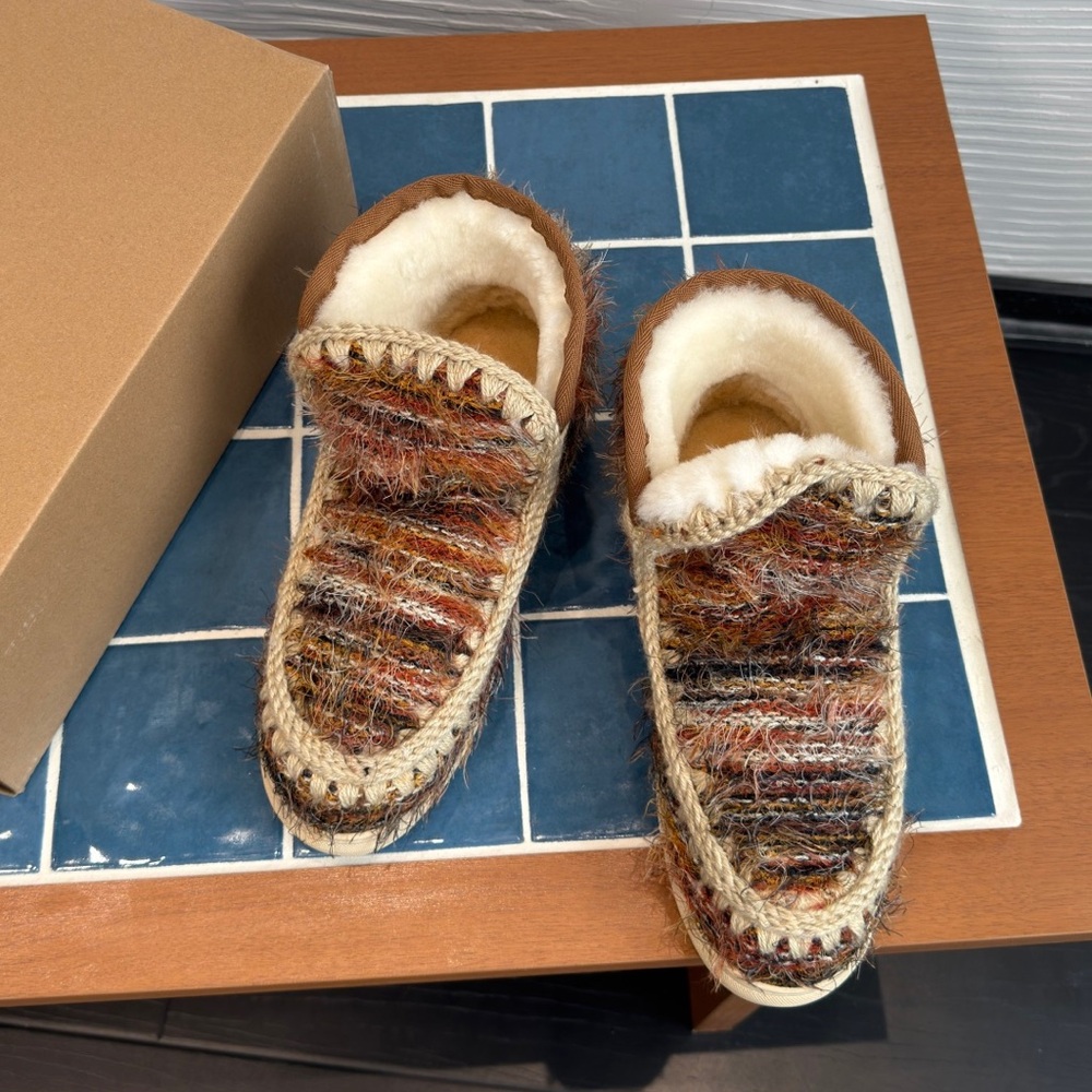 Mou Multi-Color Knit Shearling-Lined Moccasins - Brown/Cream